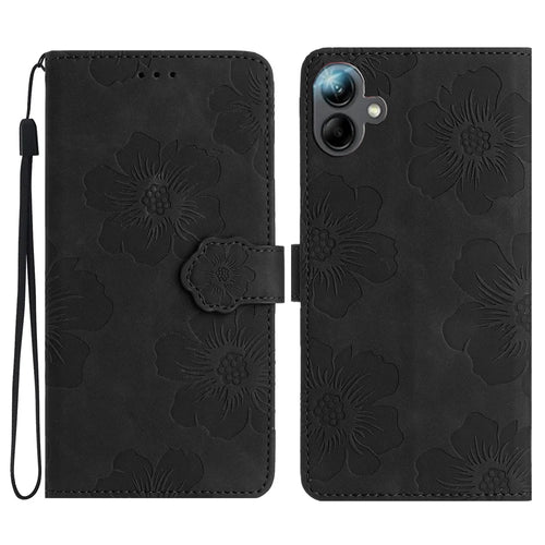 For Samsung Galaxy A06 4G Case Flower Design Leather Wallet Phone Cover with Wrist Strap - Black - 1