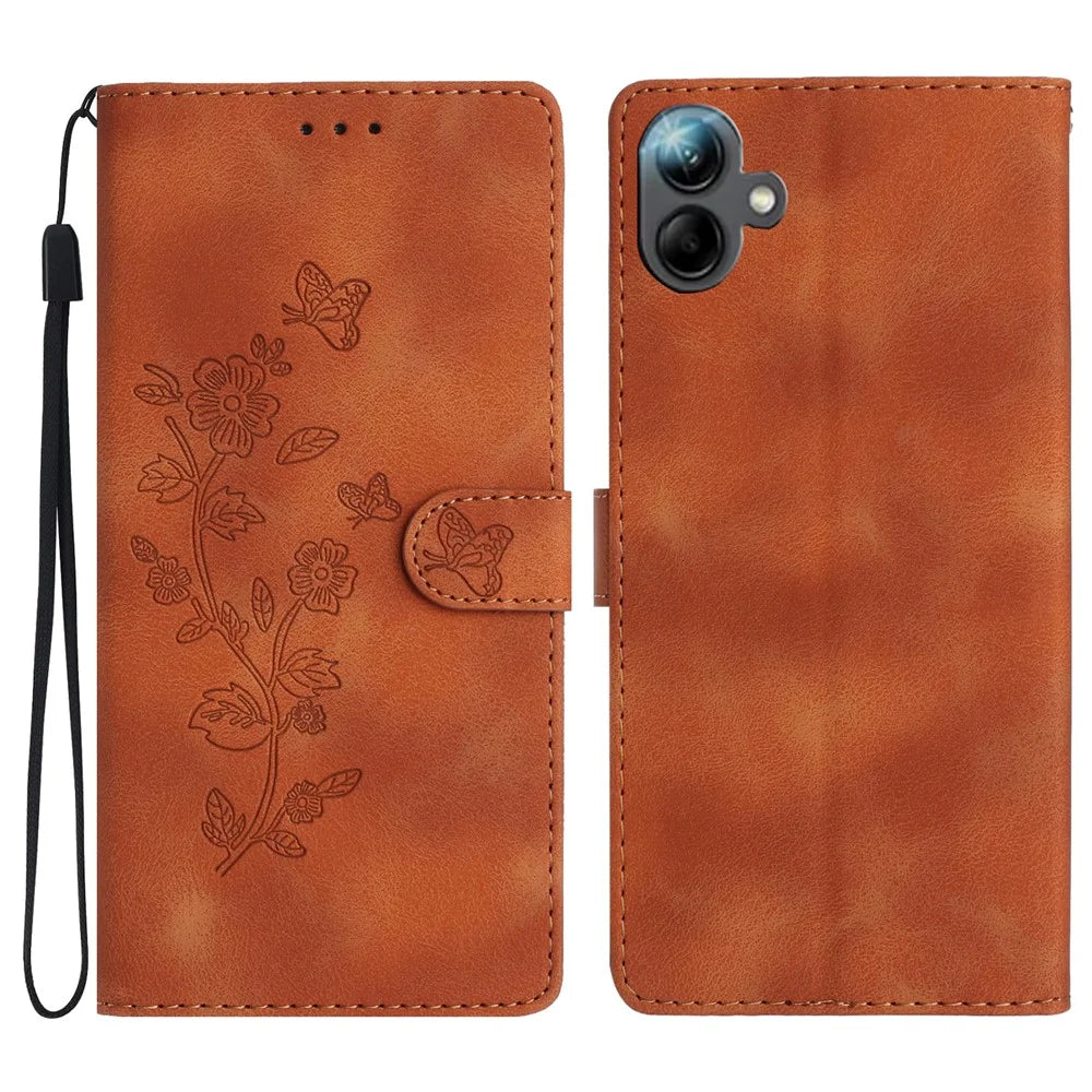 For Samsung Galaxy A06 4G Case Leather Imprinted Flower Phone Cover Wallet with Wrist Strap - Brown - 1