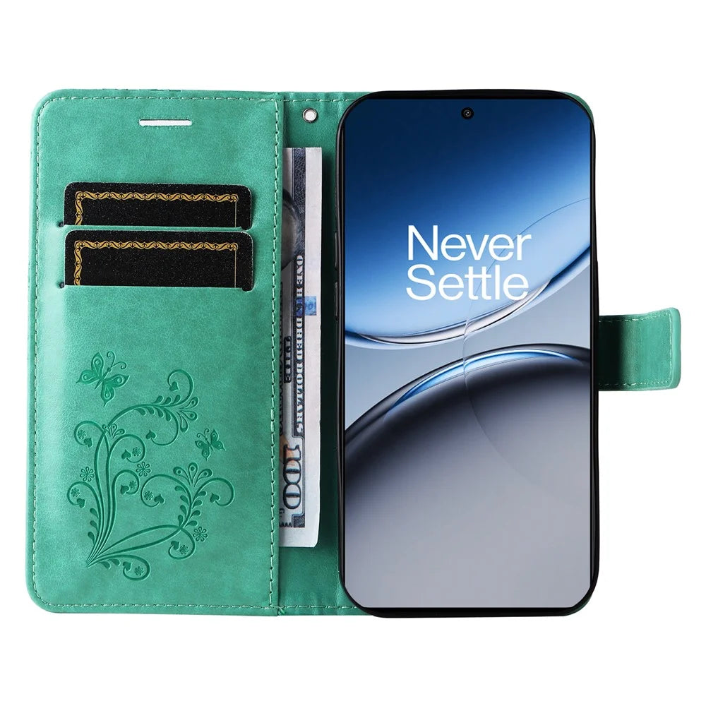For OnePlus Nord 4 Wallet Case Floral Butterfly Imprinted Leather Phone Cover Stand - Green - 2