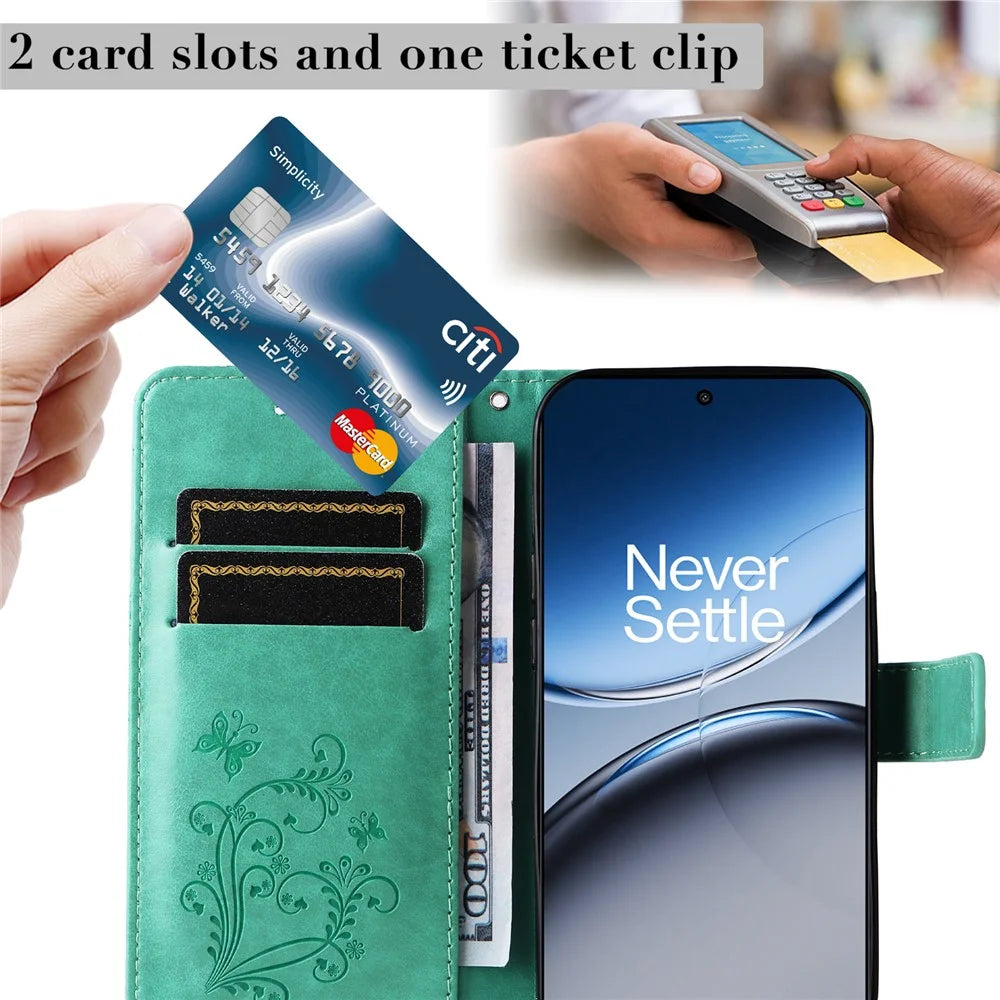 For OnePlus Nord 4 Wallet Case Floral Butterfly Imprinted Leather Phone Cover Stand - Green - 6