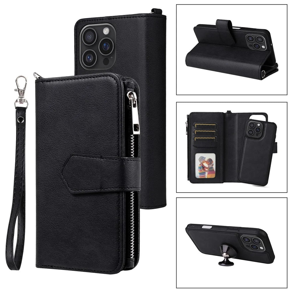 For iPhone 16 Pro Max Magnetic Leather Case Mobile Cover with Detachable Zipper Wallet Strap - Black - 1