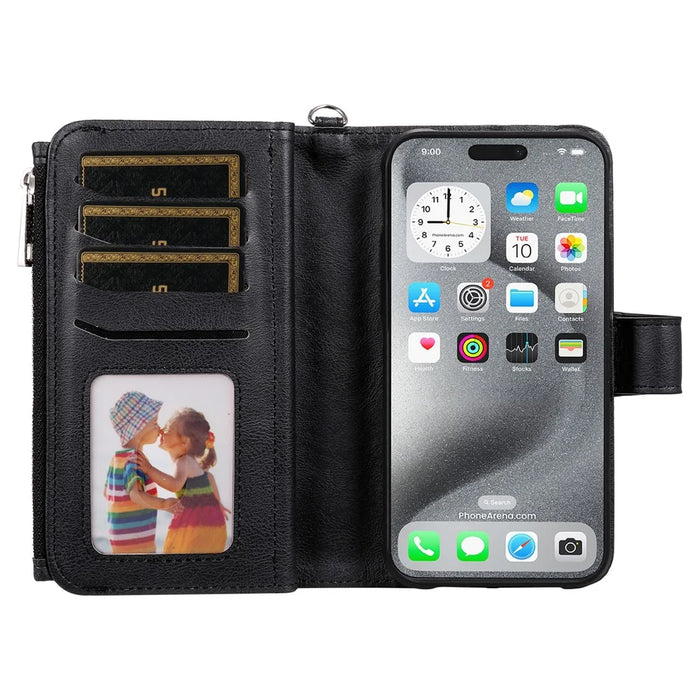 For iPhone 16 Pro Max Magnetic Leather Case Mobile Cover with Detachable Zipper Wallet Strap - Black - 2