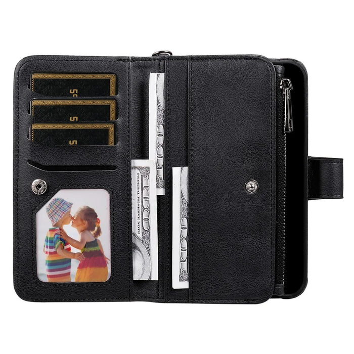 For iPhone 16 Pro Max Magnetic Leather Case Mobile Cover with Detachable Zipper Wallet Strap - Black - 3