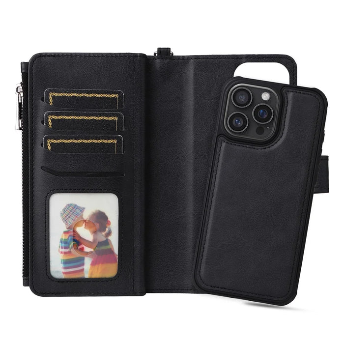 For iPhone 16 Pro Max Magnetic Leather Case Mobile Cover with Detachable Zipper Wallet Strap - Black - 4