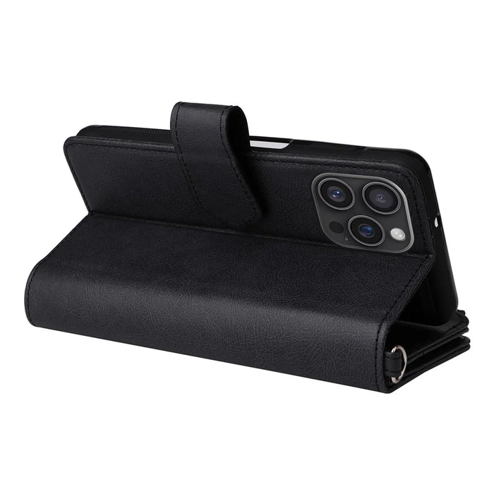 For iPhone 16 Pro Max Magnetic Leather Case Mobile Cover with Detachable Zipper Wallet Strap - Black - 6