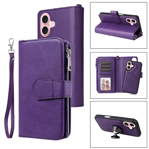 For iPhone 16 Magnetic Leather Case Mobile Cover with Detachable Zipper Wallet Strap - Purple - 1