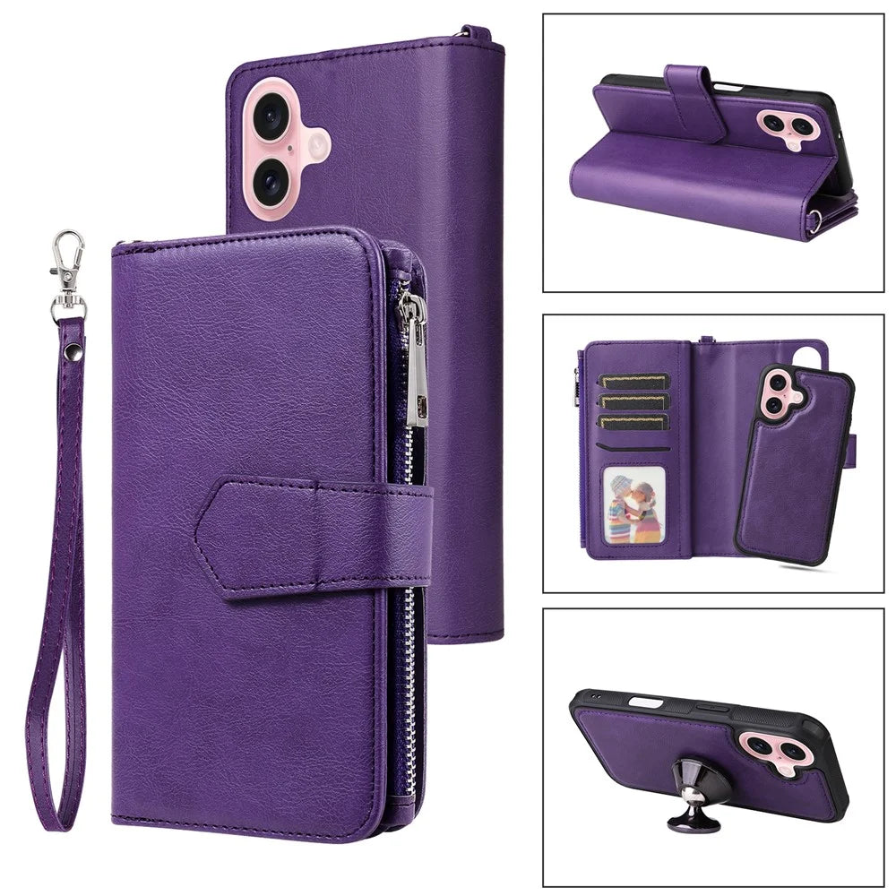 For iPhone 16 Magnetic Leather Case Mobile Cover with Detachable Zipper Wallet Strap - Purple - 1