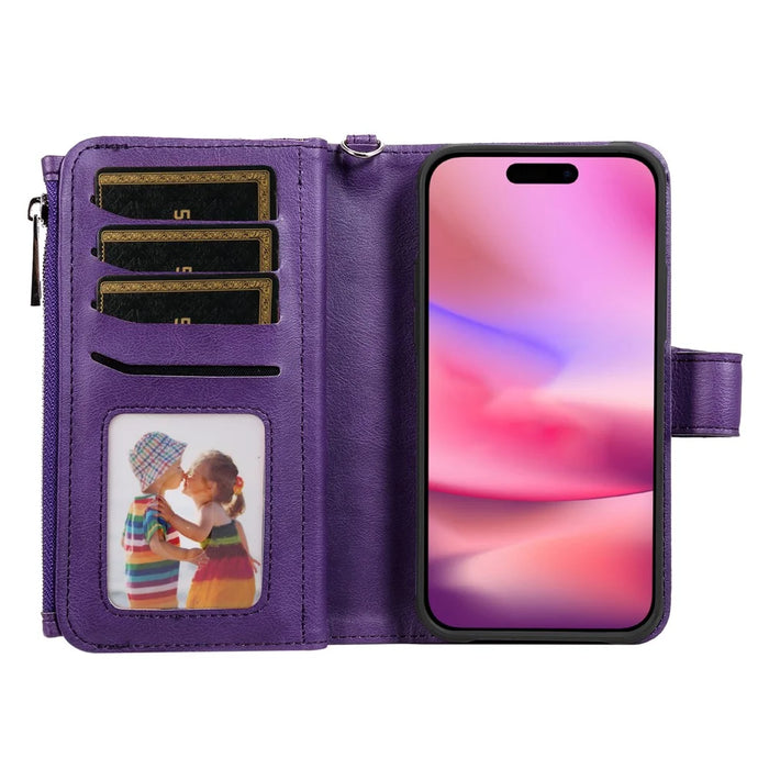 For iPhone 16 Magnetic Leather Case Mobile Cover with Detachable Zipper Wallet Strap - Purple - 2