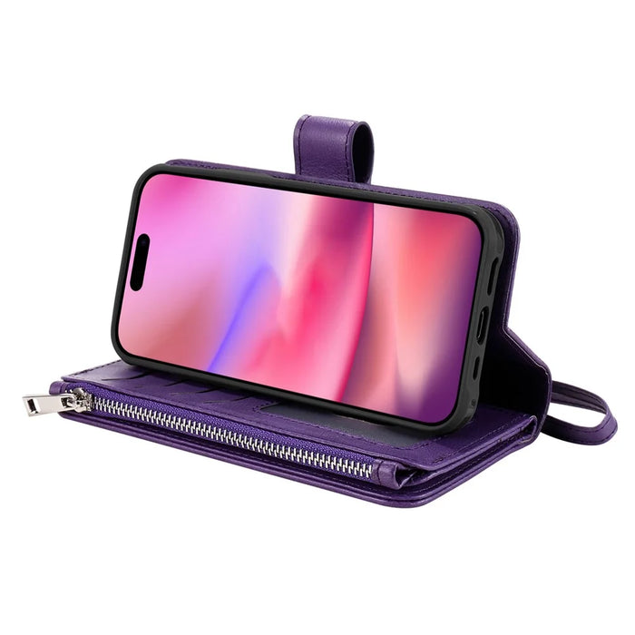 For iPhone 16 Magnetic Leather Case Mobile Cover with Detachable Zipper Wallet Strap - Purple - 5