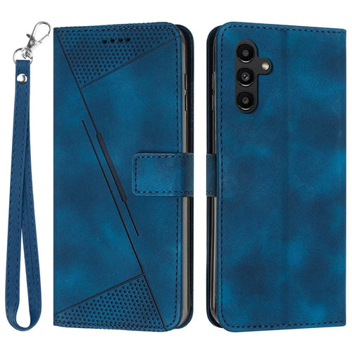 For Samsung Galaxy M35 5G Case Triangle Pattern Leather Phone Cover with Hand Strap Card Slots - Sapphire - 1