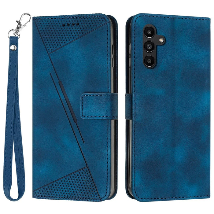 For Samsung Galaxy M35 5G Case Triangle Pattern Leather Phone Cover with Hand Strap Card Slots - Sapphire - 1