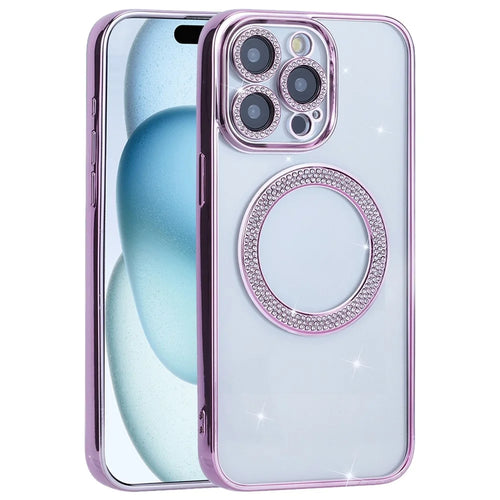 For iPhone 16 Pro Max Magnetic Case Bling Rhinestone Clear TPU + PC Phone Cover - Pink - 1