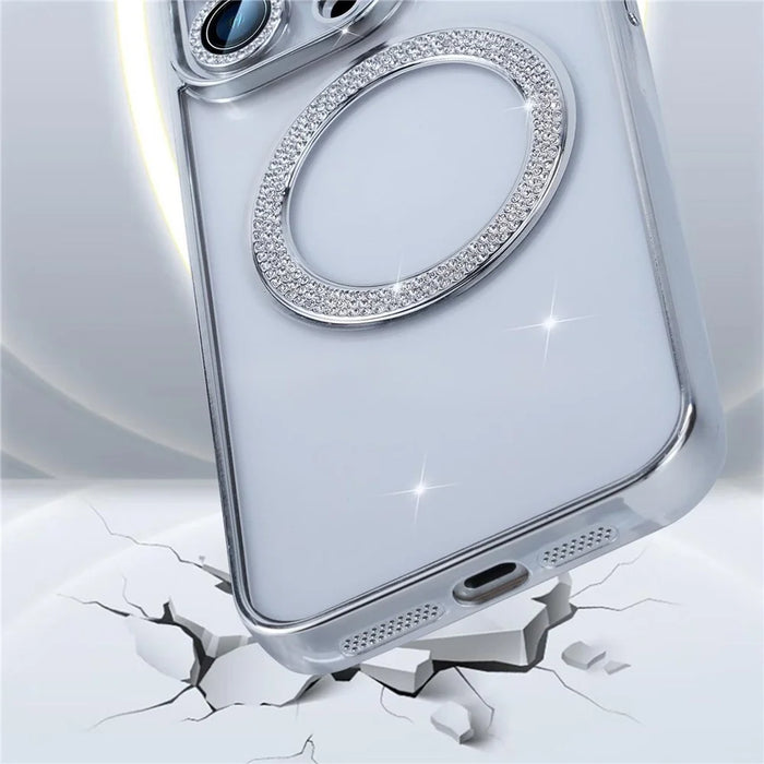 For iPhone 16 Pro Max Magnetic Case Bling Rhinestone Clear TPU + PC Phone Cover - Pink - 4