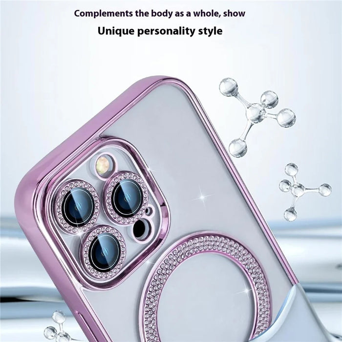 For iPhone 16 Pro Max Magnetic Case Bling Rhinestone Clear TPU + PC Phone Cover - Pink - 7