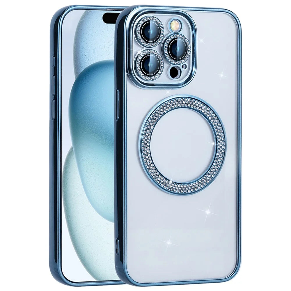 For iPhone 16 Pro Magnetic Case Bling Rhinestone Clear TPU + PC Phone Cover - Blue - 1
