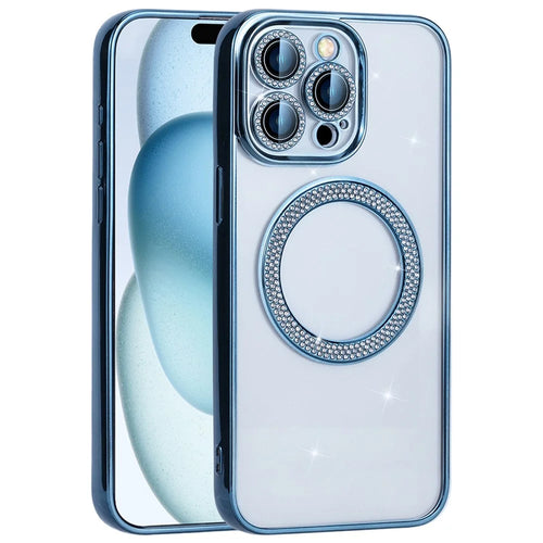 For iPhone 16 Pro Magnetic Case Bling Rhinestone Clear TPU + PC Phone Cover - Blue - 1