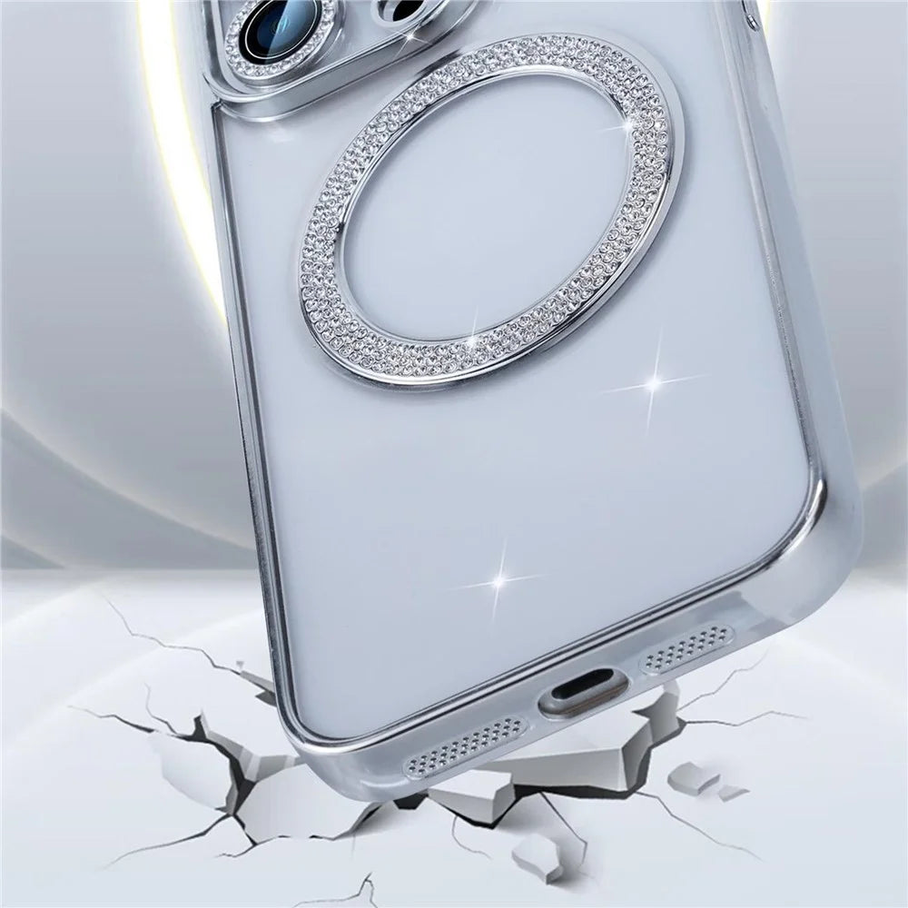 For iPhone 16 Pro Magnetic Case Bling Rhinestone Clear TPU + PC Phone Cover - Blue - 4