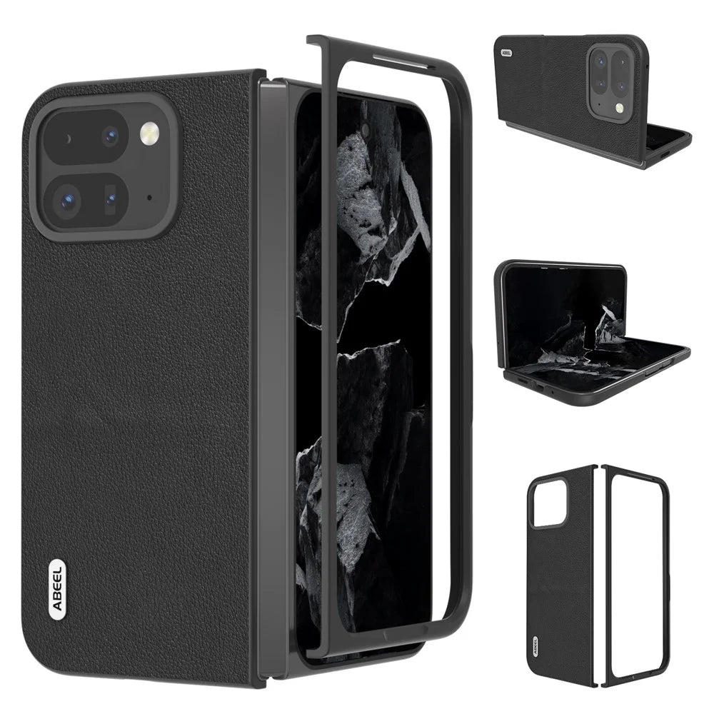 ABEEL For Google Pixel 9 Pro Fold 5G Case Genuine Cow Leather Hard PC Phone Cover - Black - 1
