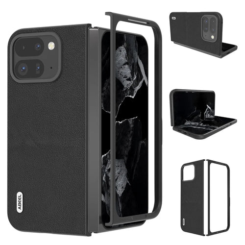 ABEEL For Google Pixel 9 Pro Fold 5G Case Genuine Cow Leather Hard PC Phone Cover - Black - 1