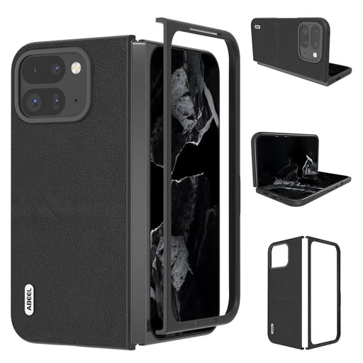 ABEEL For Google Pixel 9 Pro Fold 5G Case Genuine Cow Leather Hard PC Phone Cover - Black - 1