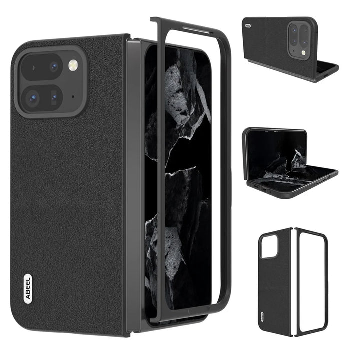 ABEEL For Google Pixel 9 Pro Fold 5G Case Genuine Cow Leather Hard PC Phone Cover - Black - 1