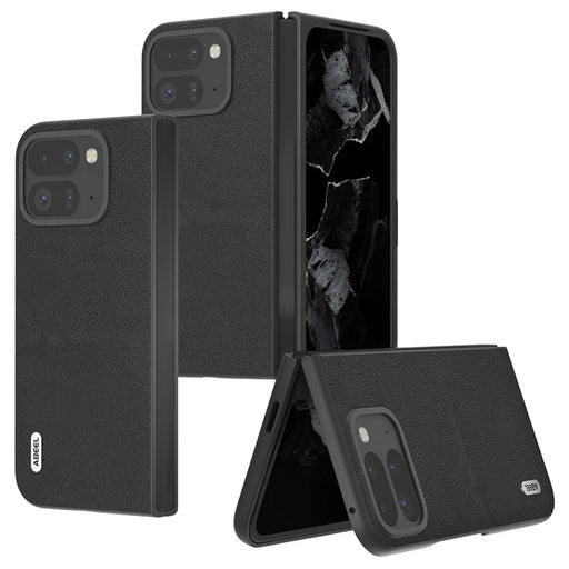 ABEEL For Google Pixel 9 Pro Fold 5G Case Genuine Cow Leather Hard PC Phone Cover - Black - 2