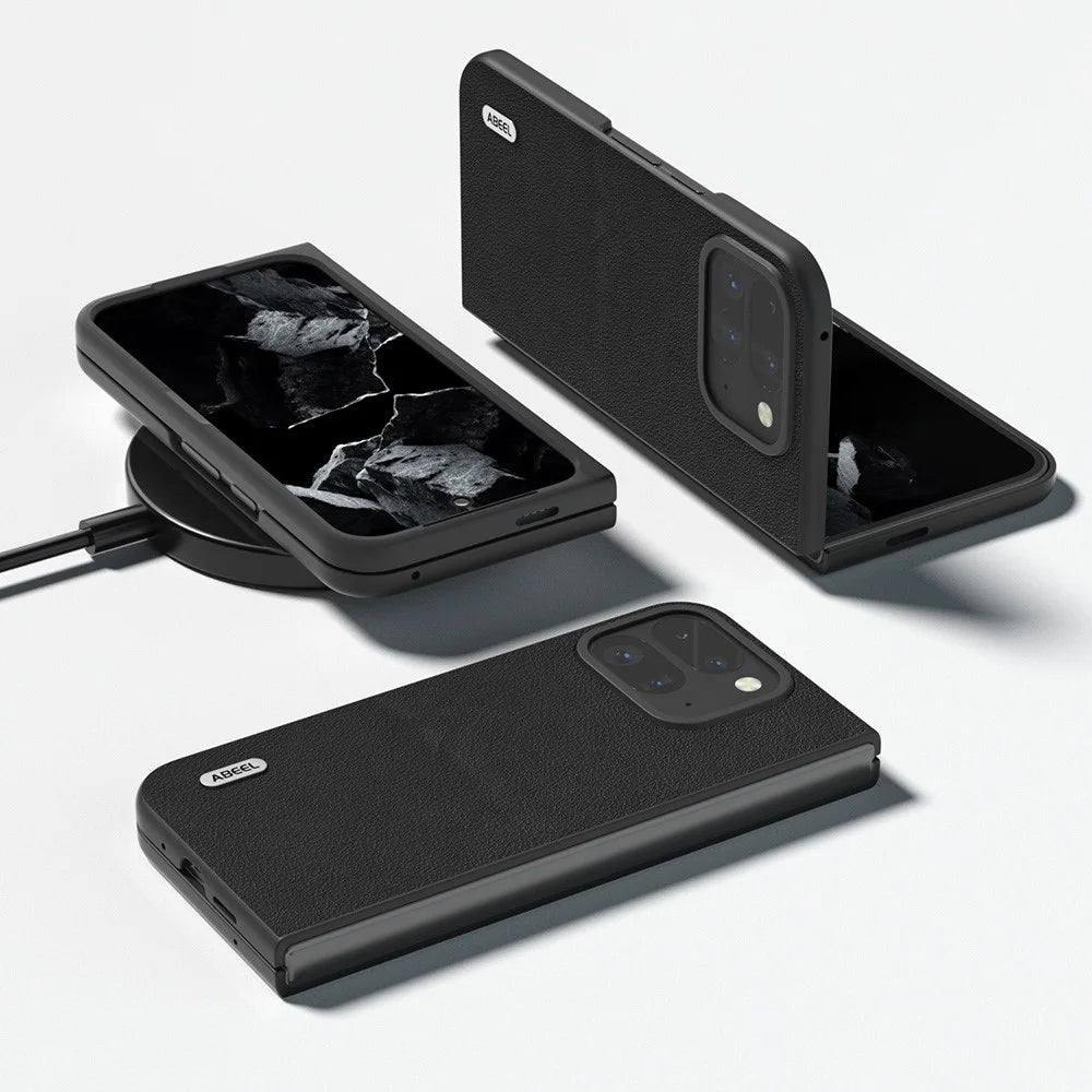 ABEEL For Google Pixel 9 Pro Fold 5G Case Genuine Cow Leather Hard PC Phone Cover - Black - 3
