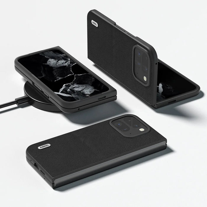 ABEEL For Google Pixel 9 Pro Fold 5G Case Genuine Cow Leather Hard PC Phone Cover - Black - 3