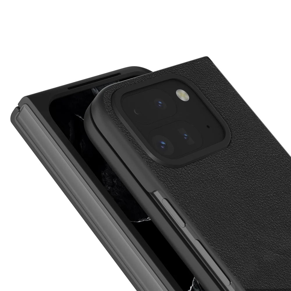 ABEEL For Google Pixel 9 Pro Fold 5G Case Genuine Cow Leather Hard PC Phone Cover - Black - 4