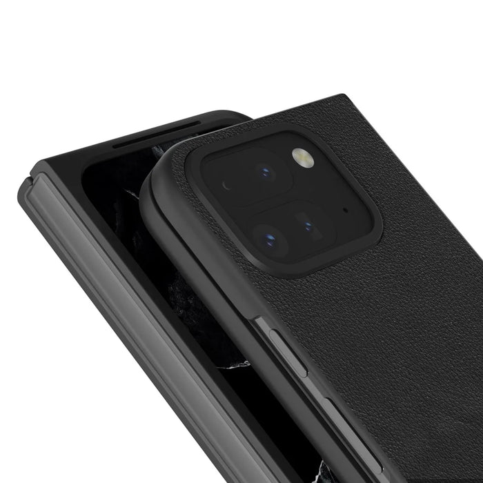 ABEEL For Google Pixel 9 Pro Fold 5G Case Genuine Cow Leather Hard PC Phone Cover - Black - 4