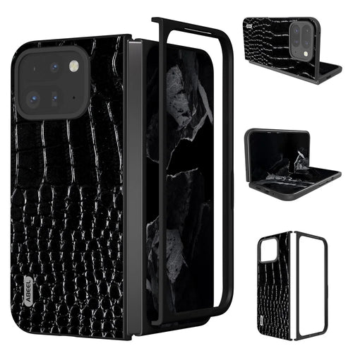 ABEEL For Google Pixel 9 Pro Fold 5G Case Genuine Cow Leather Back Phone Cover Crocodile Texture - Black - 1