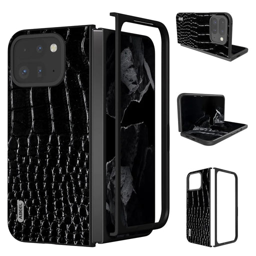 ABEEL For Google Pixel 9 Pro Fold 5G Case Genuine Cow Leather Back Phone Cover Crocodile Texture - Black - 1