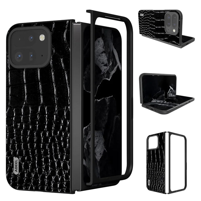 ABEEL For Google Pixel 9 Pro Fold 5G Case Genuine Cow Leather Back Phone Cover Crocodile Texture - Black - 1