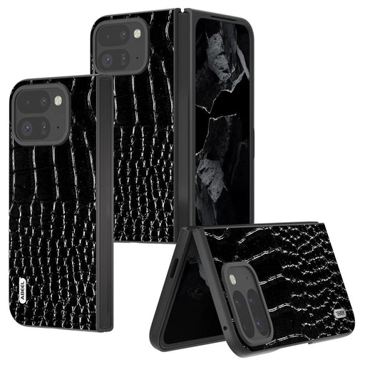 ABEEL For Google Pixel 9 Pro Fold 5G Case Genuine Cow Leather Back Phone Cover Crocodile Texture - Black - 2