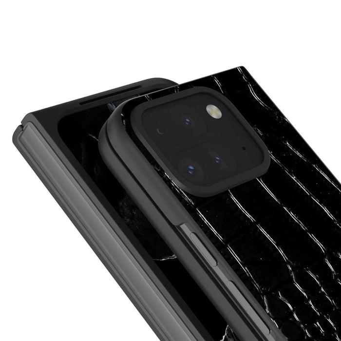 ABEEL For Google Pixel 9 Pro Fold 5G Case Genuine Cow Leather Back Phone Cover Crocodile Texture - Black - 4