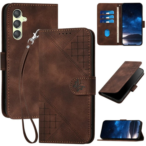 For Samsung Galaxy A24 4G (162.1mm) Leather Wallet Case Butterfly Flower Imprinted Phone Cover with Strap - Brown - 1
