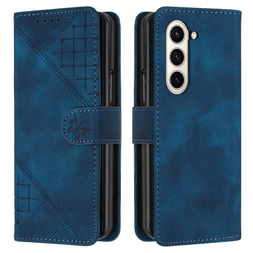 For Samsung Galaxy Z Fold5 5G Leather Wallet Case Butterfly Flower Imprinted Phone Cover with Strap - Sapphire - 1