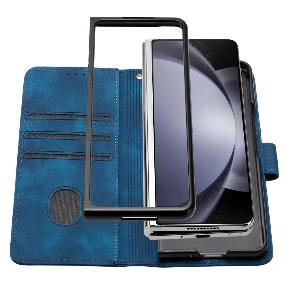 For Samsung Galaxy Z Fold5 5G Leather Wallet Case Butterfly Flower Imprinted Phone Cover with Strap - Sapphire - 2
