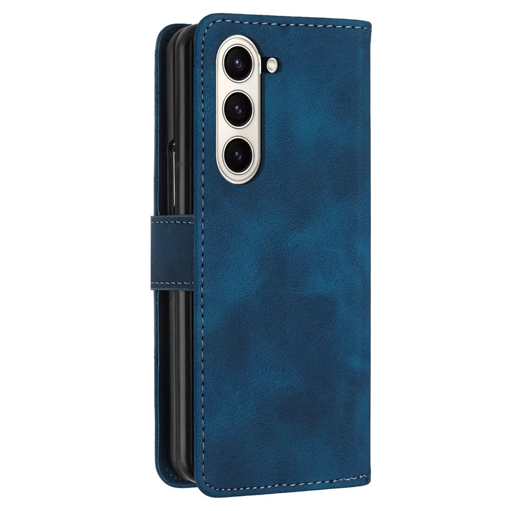 For Samsung Galaxy Z Fold5 5G Leather Wallet Case Butterfly Flower Imprinted Phone Cover with Strap - Sapphire - 4