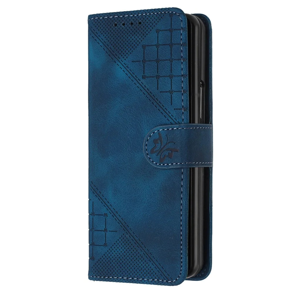 For Samsung Galaxy Z Fold5 5G Leather Wallet Case Butterfly Flower Imprinted Phone Cover with Strap - Sapphire - 5