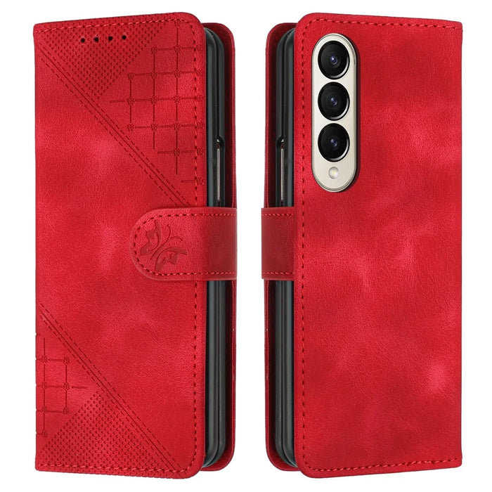 For Samsung Galaxy Z Fold4 5G Leather Wallet Case Butterfly Flower Imprinted Phone Cover with Strap - Red - 1