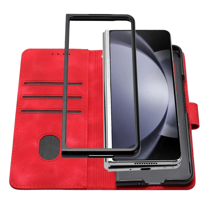 For Samsung Galaxy Z Fold3 5G Leather Wallet Case Butterfly Flower Imprinted Phone Cover with Strap - Red - 2