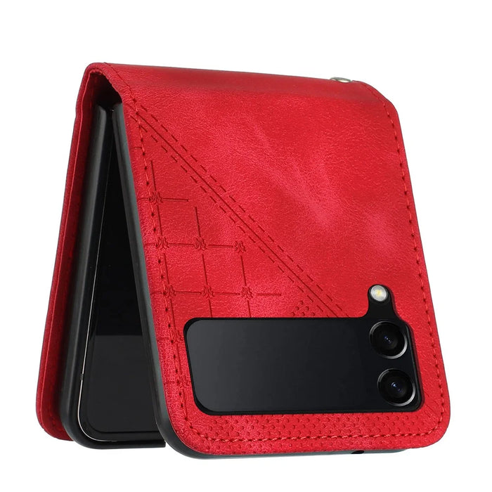 For Samsung Galaxy Z Flip4 5G Leather Wallet Case Butterfly Flower Imprinted Phone Cover with Strap - Red - 5