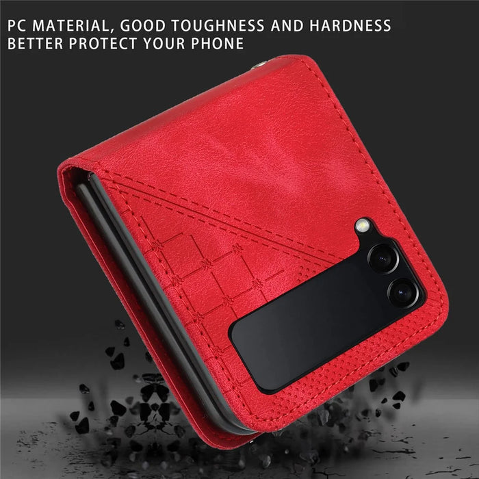 For Samsung Galaxy Z Flip4 5G Leather Wallet Case Butterfly Flower Imprinted Phone Cover with Strap - Red - 6