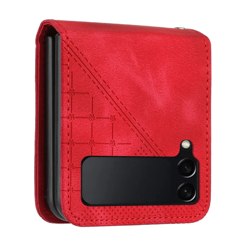 For Samsung Galaxy Z Flip3 5G Leather Wallet Case Butterfly Flower Imprinted Phone Cover with Strap - Red - 3