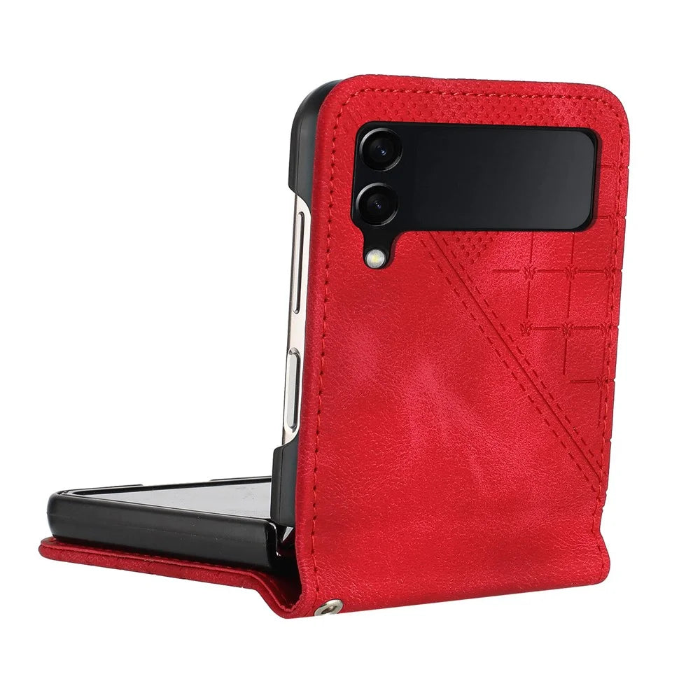 For Samsung Galaxy Z Flip3 5G Leather Wallet Case Butterfly Flower Imprinted Phone Cover with Strap - Red - 4