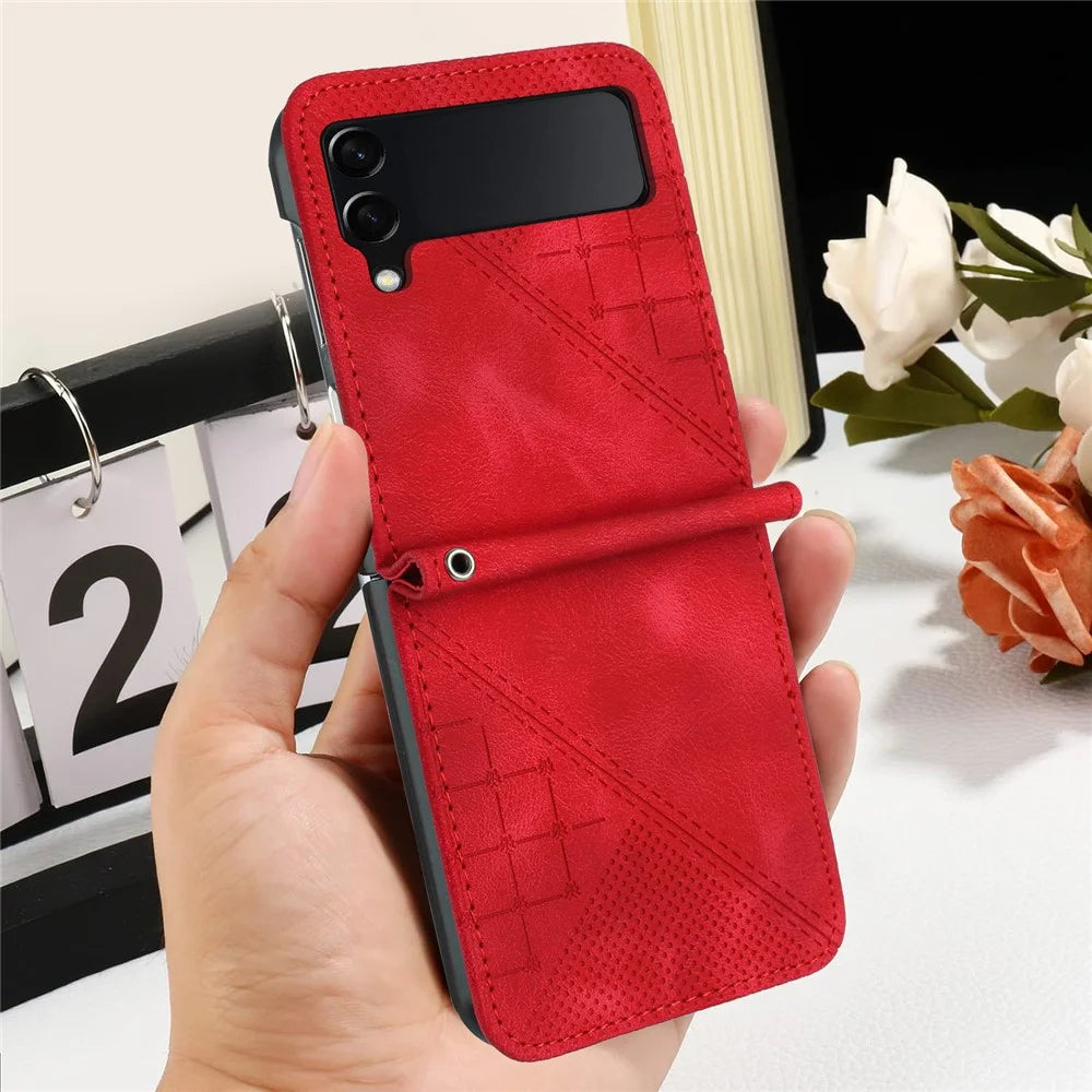 For Samsung Galaxy Z Flip3 5G Leather Wallet Case Butterfly Flower Imprinted Phone Cover with Strap - Red - 7