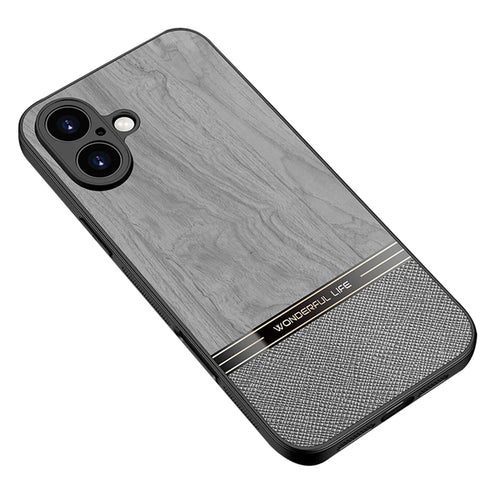 For iPhone 16 Case Wood Texture Leather Coated TPU Phone Protective Cover - Grey - 1