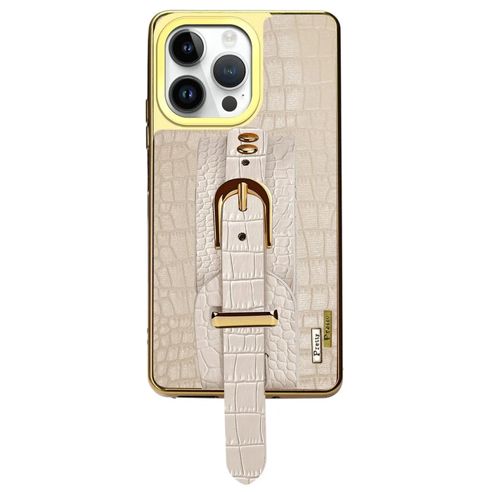 For iPhone 16 Pro Max Case Crocodile Texture PU Leather+TPU Electroplating Phone Cover Wristband Kickstand - White - 1