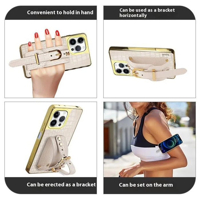 For iPhone 16 Pro Max Case Crocodile Texture PU Leather+TPU Electroplating Phone Cover Wristband Kickstand - White - 7